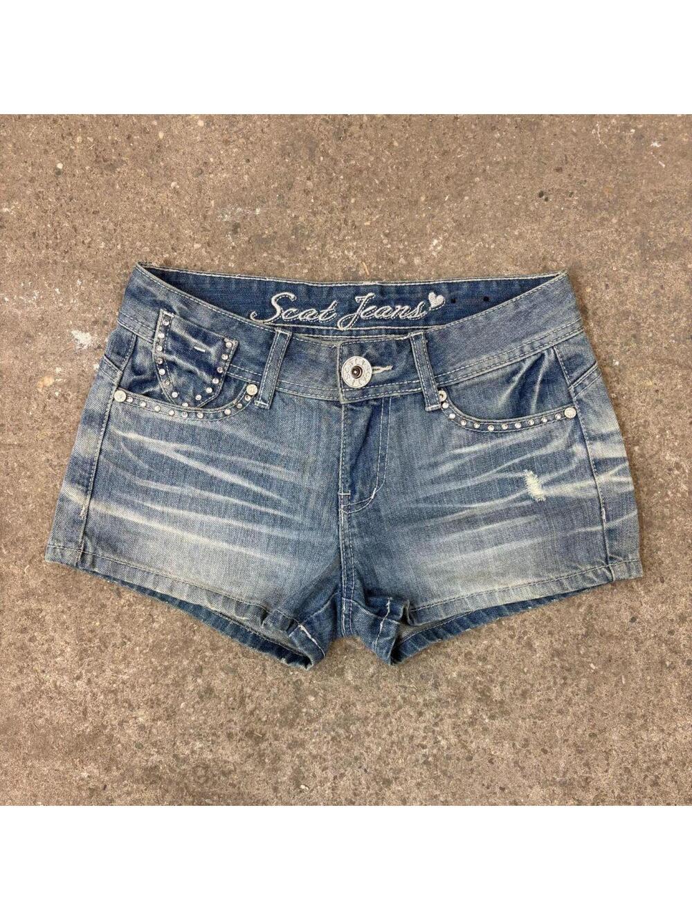 Vintage Y2K Low Rise Denim Micro Shorts Light Wash Rhinestone